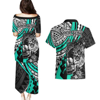 Personalised Polynesia Skull Couples Matching Puletasi Dress and Hawaiian Shirt Tattoo In The Style Of Maori With Marine Life Aqua LT9 - Wonder Print Shop