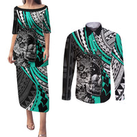 Personalised Polynesia Skull Couples Matching Puletasi Dress and Long Sleeve Button Shirts Tattoo In The Style Of Maori With Marine Life Aqua LT9 - Wonder Print Shop