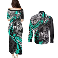 Personalised Polynesia Skull Couples Matching Puletasi Dress and Long Sleeve Button Shirts Tattoo In The Style Of Maori With Marine Life Aqua LT9 - Wonder Print Shop