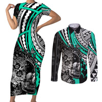 Personalised Polynesia Skull Couples Matching Short Sleeve Bodycon Dress and Long Sleeve Button Shirts Tattoo In The Style Of Maori With Marine Life Aqua LT9 - Wonder Print Shop