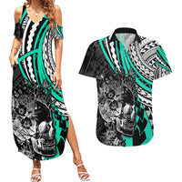 Personalised Polynesia Skull Couples Matching Summer Maxi Dress and Hawaiian Shirt Tattoo In The Style Of Maori With Marine Life Aqua LT9 - Wonder Print Shop