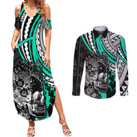 Personalised Polynesia Skull Couples Matching Summer Maxi Dress and Long Sleeve Button Shirts Tattoo In The Style Of Maori With Marine Life Aqua LT9 - Wonder Print Shop