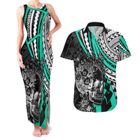 Personalised Polynesia Skull Couples Matching Tank Maxi Dress and Hawaiian Shirt Tattoo In The Style Of Maori With Marine Life Aqua LT9 - Wonder Print Shop