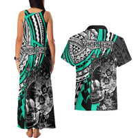 Personalised Polynesia Skull Couples Matching Tank Maxi Dress and Hawaiian Shirt Tattoo In The Style Of Maori With Marine Life Aqua LT9 - Wonder Print Shop