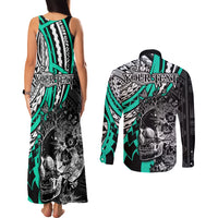 Personalised Polynesia Skull Couples Matching Tank Maxi Dress and Long Sleeve Button Shirts Tattoo In The Style Of Maori With Marine Life Aqua LT9 - Wonder Print Shop