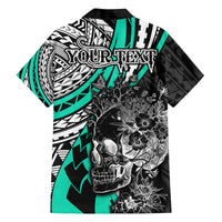 Personalised Polynesia Skull Family Matching Long Sleeve Bodycon Dress and Hawaiian Shirt Tattoo In The Style Of Maori With Marine Life Aqua LT9 - Wonder Print Shop