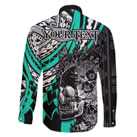 Personalised Polynesia Skull Family Matching Long Sleeve Bodycon Dress and Hawaiian Shirt Tattoo In The Style Of Maori With Marine Life Aqua LT9 - Wonder Print Shop