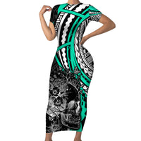 Personalised Polynesia Skull Family Matching Short Sleeve Bodycon Dress and Hawaiian Shirt Tattoo In The Style Of Maori With Marine Life Aqua - Wonder Print Shop