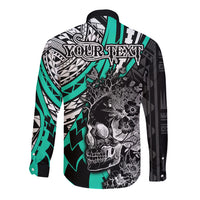 Personalised Polynesia Skull Long Sleeve Button Shirt Tattoo In The Style Of Maori With Marine Life Aqua - Wonder Print Shop