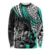 Personalised Polynesia Skull Long Sleeve Shirt Tattoo In The Style Of Maori With Marine Life Aqua - Wonder Print Shop