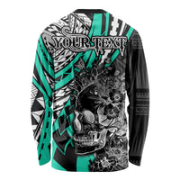 Personalised Polynesia Skull Long Sleeve Shirt Tattoo In The Style Of Maori With Marine Life Aqua - Wonder Print Shop