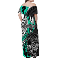 Personalised Polynesia Skull Off Shoulder Maxi Dress Tattoo In The Style Of Maori With Marine Life Aqua - Wonder Print Shop