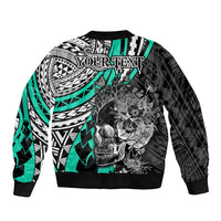 Personalised Polynesia Skull Sleeve Zip Bomber Jacket Tattoo In The Style Of Maori With Marine Life Aqua - Wonder Print Shop