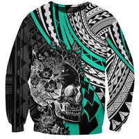 Personalised Polynesia Skull Sweatshirt Tattoo In The Style Of Maori With Marine Life Aqua - Wonder Print Shop