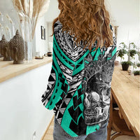 Personalised Polynesia Skull Women Casual Shirt Tattoo In The Style Of Maori With Marine Life Aqua - Wonder Print Shop