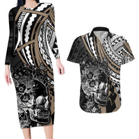 Personalised Polynesia Skull Couples Matching Long Sleeve Bodycon Dress and Hawaiian Shirt Tattoo In The Style Of Maori With Marine Life Gold LT9 - Wonder Print Shop