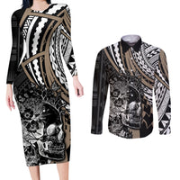 Personalised Polynesia Skull Couples Matching Long Sleeve Bodycon Dress and Long Sleeve Button Shirts Tattoo In The Style Of Maori With Marine Life Gold LT9 - Wonder Print Shop