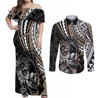 Personalised Polynesia Skull Couples Matching Off Shoulder Maxi Dress and Long Sleeve Button Shirts Tattoo In The Style Of Maori With Marine Life Gold LT9 - Wonder Print Shop