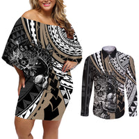 Personalised Polynesia Skull Couples Matching Off Shoulder Short Dress and Long Sleeve Button Shirts Tattoo In The Style Of Maori With Marine Life Gold LT9 - Wonder Print Shop