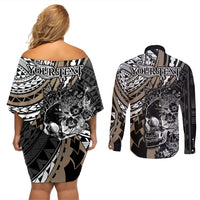 Personalised Polynesia Skull Couples Matching Off Shoulder Short Dress and Long Sleeve Button Shirts Tattoo In The Style Of Maori With Marine Life Gold LT9 - Wonder Print Shop