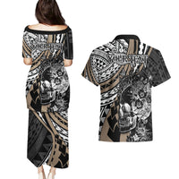 Personalised Polynesia Skull Couples Matching Puletasi Dress and Hawaiian Shirt Tattoo In The Style Of Maori With Marine Life Gold LT9 - Wonder Print Shop