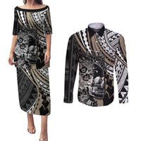 Personalised Polynesia Skull Couples Matching Puletasi Dress and Long Sleeve Button Shirts Tattoo In The Style Of Maori With Marine Life Gold LT9 - Wonder Print Shop
