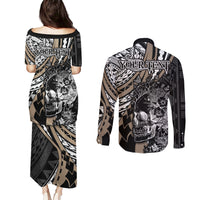 Personalised Polynesia Skull Couples Matching Puletasi Dress and Long Sleeve Button Shirts Tattoo In The Style Of Maori With Marine Life Gold LT9 - Wonder Print Shop