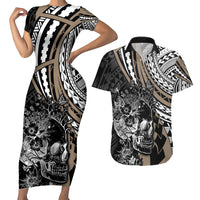 Personalised Polynesia Skull Couples Matching Short Sleeve Bodycon Dress and Hawaiian Shirt Tattoo In The Style Of Maori With Marine Life Gold LT9 - Wonder Print Shop