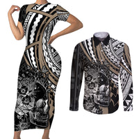 Personalised Polynesia Skull Couples Matching Short Sleeve Bodycon Dress and Long Sleeve Button Shirts Tattoo In The Style Of Maori With Marine Life Gold LT9 - Wonder Print Shop