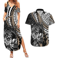 Personalised Polynesia Skull Couples Matching Summer Maxi Dress and Hawaiian Shirt Tattoo In The Style Of Maori With Marine Life Gold LT9 - Wonder Print Shop