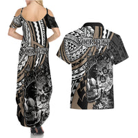 Personalised Polynesia Skull Couples Matching Summer Maxi Dress and Hawaiian Shirt Tattoo In The Style Of Maori With Marine Life Gold LT9 - Wonder Print Shop