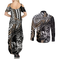 Personalised Polynesia Skull Couples Matching Summer Maxi Dress and Long Sleeve Button Shirts Tattoo In The Style Of Maori With Marine Life Gold LT9 - Wonder Print Shop