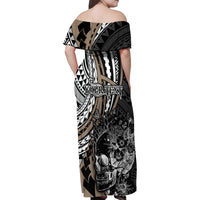 Personalised Polynesia Skull Family Matching Off Shoulder Maxi Dress and Hawaiian Shirt Tattoo In The Style Of Maori With Marine Life Gold LT9 - Wonder Print Shop