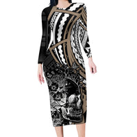Personalised Polynesia Skull Long Sleeve Bodycon Dress Tattoo In The Style Of Maori With Marine Life Gold - Wonder Print Shop