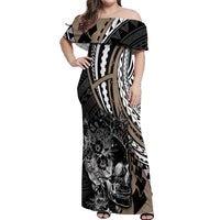 Personalised Polynesia Skull Off Shoulder Maxi Dress Tattoo In The Style Of Maori With Marine Life Gold - Wonder Print Shop