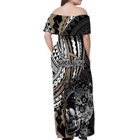 Personalised Polynesia Skull Off Shoulder Maxi Dress Tattoo In The Style Of Maori With Marine Life Gold - Wonder Print Shop
