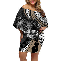 Personalised Polynesia Skull Off Shoulder Short Dress Tattoo In The Style Of Maori With Marine Life Gold - Wonder Print Shop