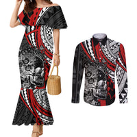 personalised-polynesia-skull-couples-matching-mermaid-dress-and-long-sleeve-button-shirts-tattoo-in-the-style-of-maori-with-marine-life-red