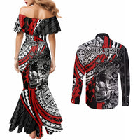 personalised-polynesia-skull-couples-matching-mermaid-dress-and-long-sleeve-button-shirts-tattoo-in-the-style-of-maori-with-marine-life-red