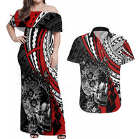 Personalised Polynesia Skull Couples Matching Off Shoulder Maxi Dress and Hawaiian Shirt Tattoo In The Style Of Maori With Marine Life Red LT9 - Wonder Print Shop