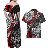 Personalised Polynesia Skull Couples Matching Off Shoulder Maxi Dress and Hawaiian Shirt Tattoo In The Style Of Maori With Marine Life Red LT9 - Wonder Print Shop