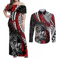 Personalised Polynesia Skull Couples Matching Off Shoulder Maxi Dress and Long Sleeve Button Shirts Tattoo In The Style Of Maori With Marine Life Red LT9 - Wonder Print Shop