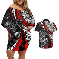 Personalised Polynesia Skull Couples Matching Off Shoulder Short Dress and Hawaiian Shirt Tattoo In The Style Of Maori With Marine Life Red LT9 - Wonder Print Shop