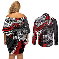 Personalised Polynesia Skull Couples Matching Off Shoulder Short Dress and Long Sleeve Button Shirts Tattoo In The Style Of Maori With Marine Life Red LT9 - Wonder Print Shop