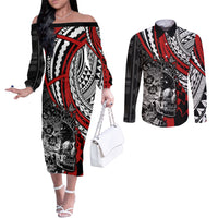 personalised-polynesia-skull-couples-matching-off-the-shoulder-long-sleeve-dress-and-long-sleeve-button-shirts-tattoo-in-the-style-of-maori-with-marine-life-red