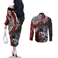 personalised-polynesia-skull-couples-matching-off-the-shoulder-long-sleeve-dress-and-long-sleeve-button-shirts-tattoo-in-the-style-of-maori-with-marine-life-red