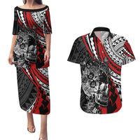 Personalised Polynesia Skull Couples Matching Puletasi Dress and Hawaiian Shirt Tattoo In The Style Of Maori With Marine Life Red LT9 - Wonder Print Shop