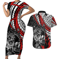 Personalised Polynesia Skull Couples Matching Short Sleeve Bodycon Dress and Hawaiian Shirt Tattoo In The Style Of Maori With Marine Life Red LT9 - Wonder Print Shop