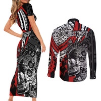 Personalised Polynesia Skull Couples Matching Short Sleeve Bodycon Dress and Long Sleeve Button Shirts Tattoo In The Style Of Maori With Marine Life Red LT9 - Wonder Print Shop