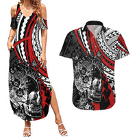 Personalised Polynesia Skull Couples Matching Summer Maxi Dress and Hawaiian Shirt Tattoo In The Style Of Maori With Marine Life Red LT9 - Wonder Print Shop